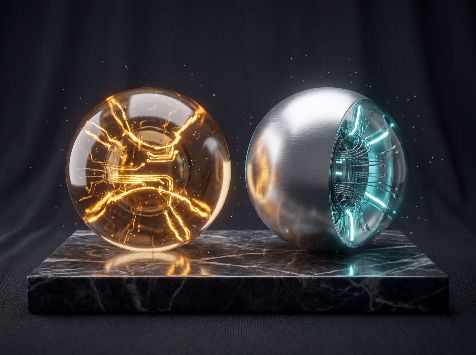 Sophia and EMMA — gold and silver AI orbs