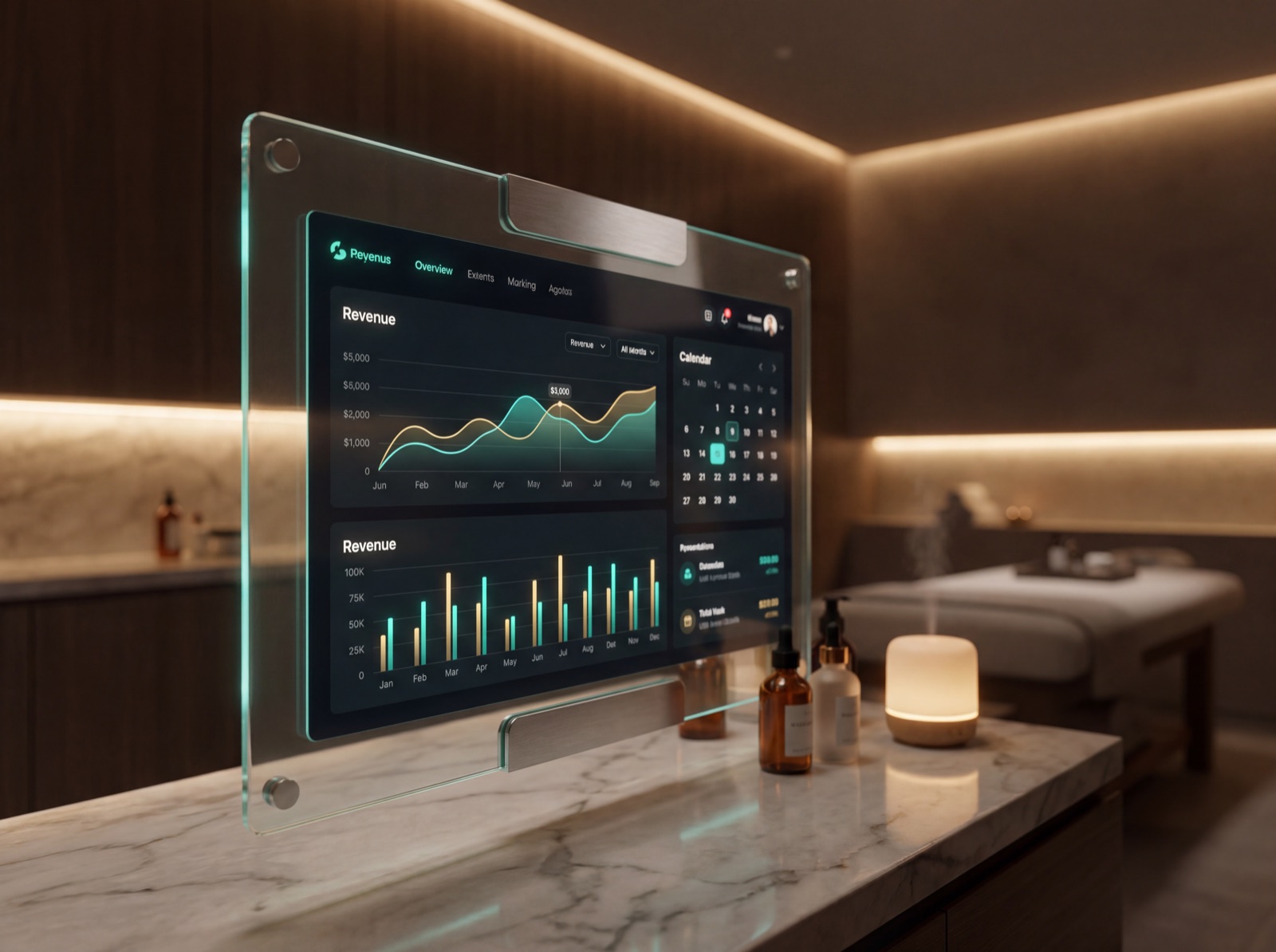 MedSpaOS dashboard as a glass panel in a treatment room