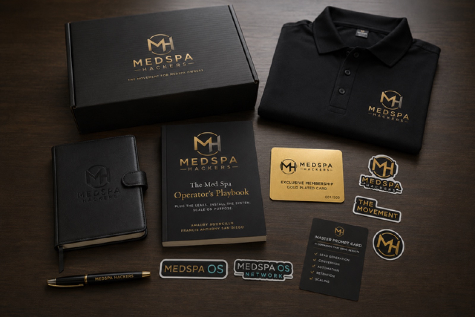 The MedSpa Hackers Founders Box — gold-plated membership card, printed Operator’s Playbook, embossed leather notebook and pen, MH polo, Master Prompt Card, and sticker pack