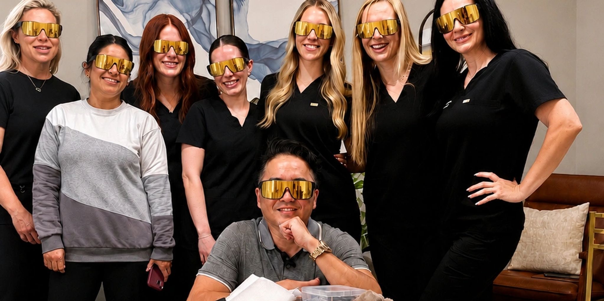 Med Spa Hackers training class — team wearing gold laser safety glasses